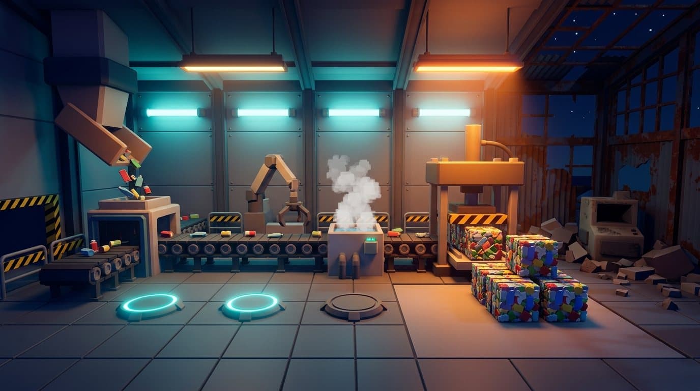 Zakład sortowniczy w DepositMonsters Tycoon na Robloxie: pracująca linia z prasą, a obok ruina hali